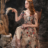 Embroidery V-Neck Flower Midi Dress - FashionByTeresa